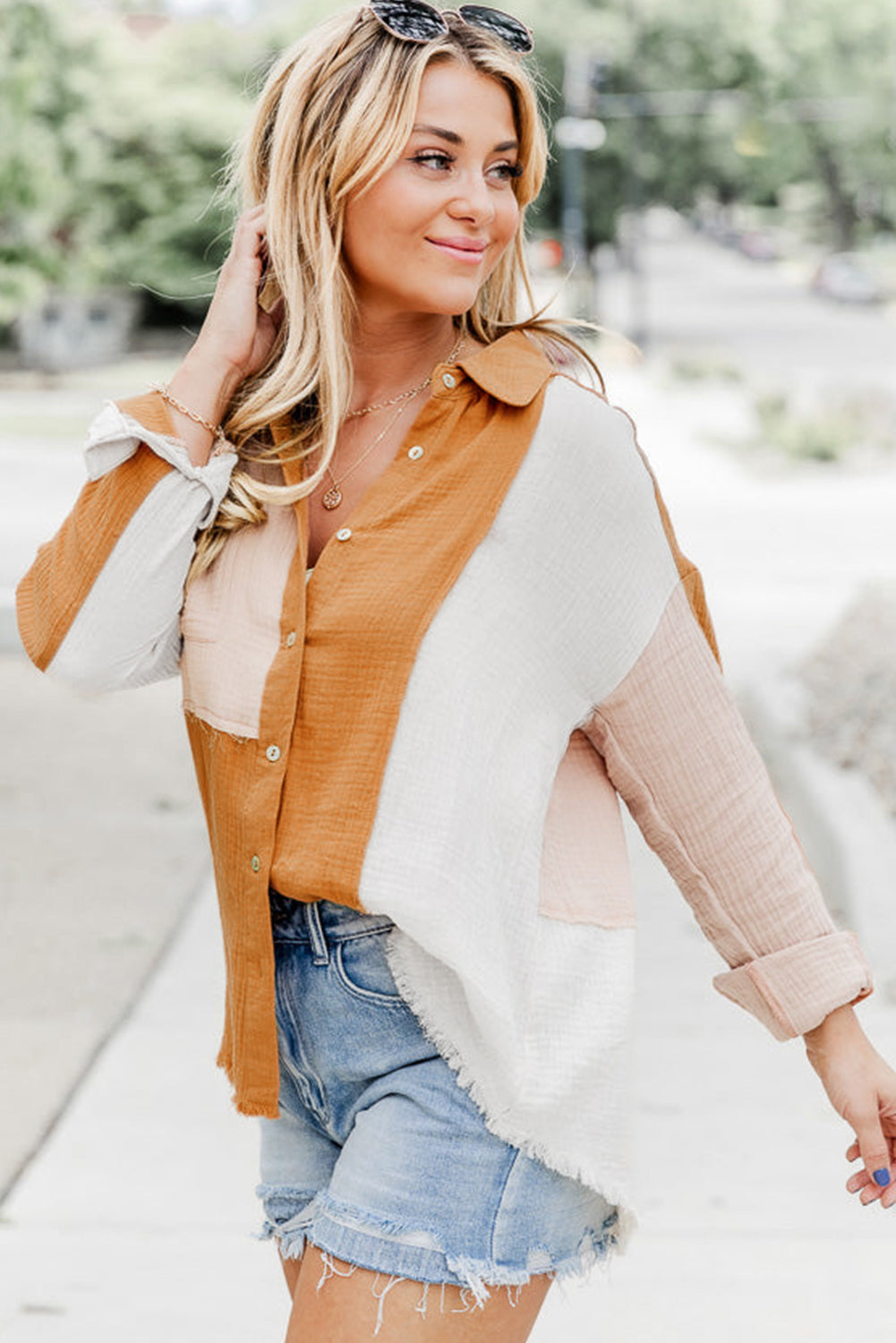 Grapefruit Orange Color Block Buttoned Raw Hem Textured Shirt