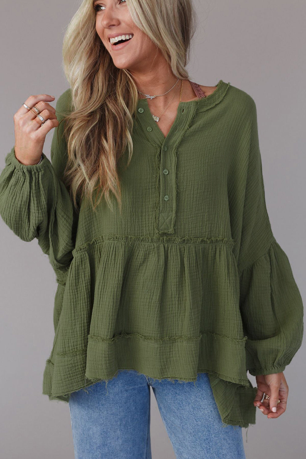 Green Henley Button Drop Shoulder Loose Sleeve Raw Edge Top