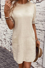 Creme Beige Puff Sleeve 100% Cotton Womens Mini Dress