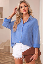 Sky Blue Mineral Wash Crinkle Textured Chest Pockets Shirt