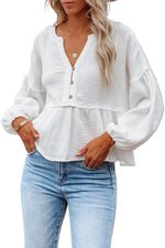 White Retro Stitching Long Sleeve Peplum Blouse