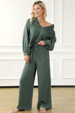 Green Crinkle Split Neck Top Loose Drawstring Pants Set