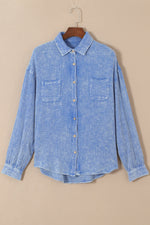 Sky Blue Mineral Wash Crinkle Textured Chest Pockets Shirt