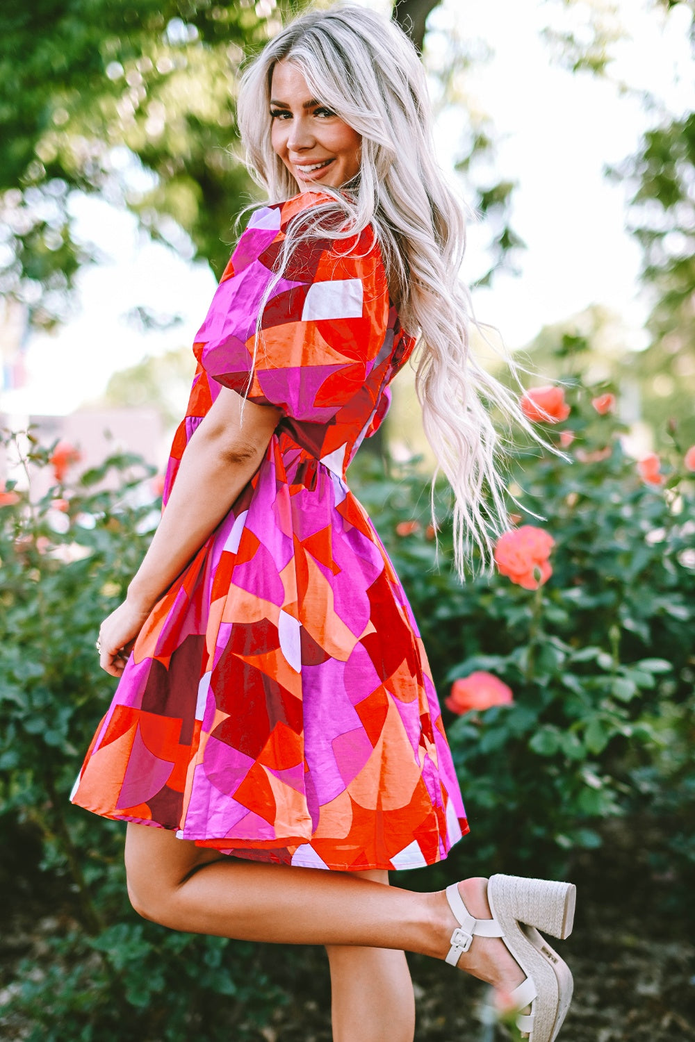 Pink Bloom Puff Sleeve 100% Cotton Womens Dress