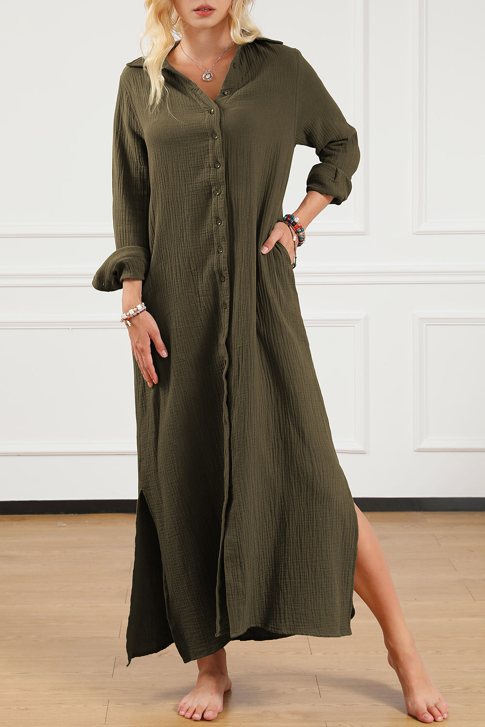 Green Crinkle Button Up Casual Split Shirt Maxi Dress