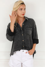 Sky Blue Mineral Wash Crinkle Textured Chest Pockets Shirt