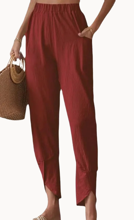 Red Cranberries Ankle Length Cotton Linen Womens Pants