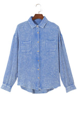 Sky Blue Mineral Wash Crinkle Textured Chest Pockets Shirt