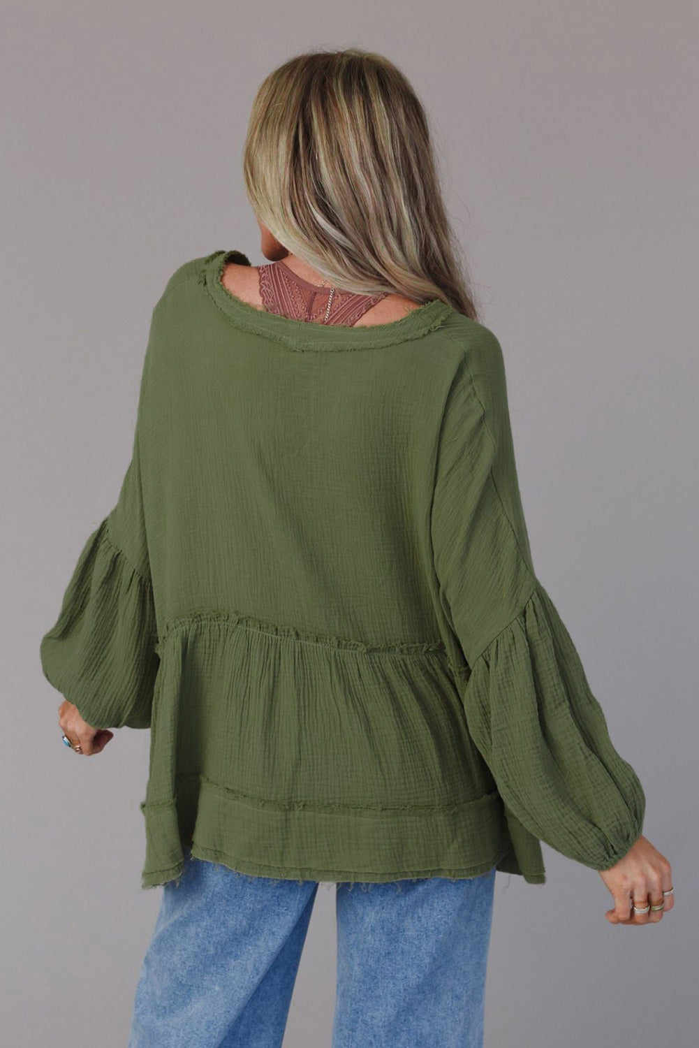 Green Henley Button Drop Shoulder Loose Sleeve Raw Edge Top