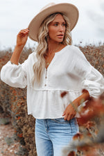 White Retro Stitching Long Sleeve Peplum Blouse