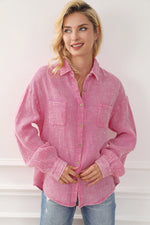 Sky Blue Mineral Wash Crinkle Textured Chest Pockets Shirt