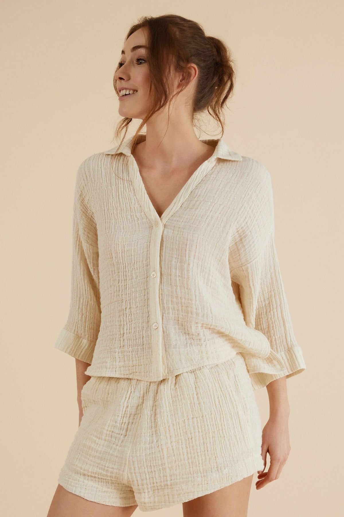 THE HAND LOOM Echo Mini Shirt - Natural With Gold Stripes