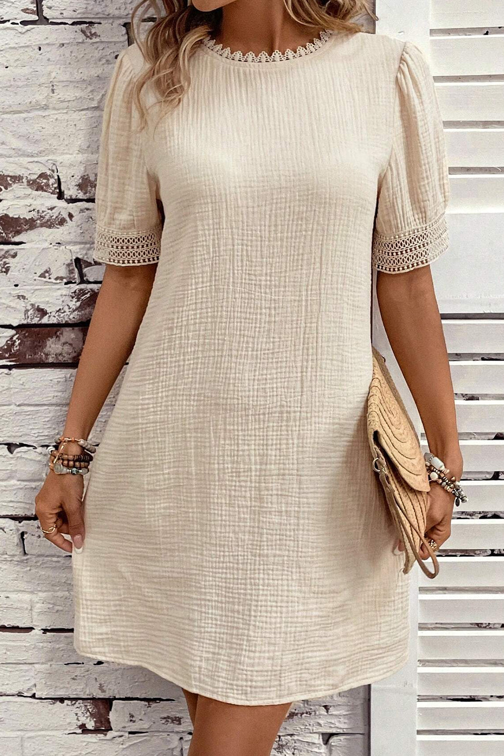 Creme Beige Puff Sleeve 100% Cotton Womens Mini Dress