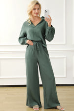 Green Crinkle Split Neck Top Loose Drawstring Pants Set