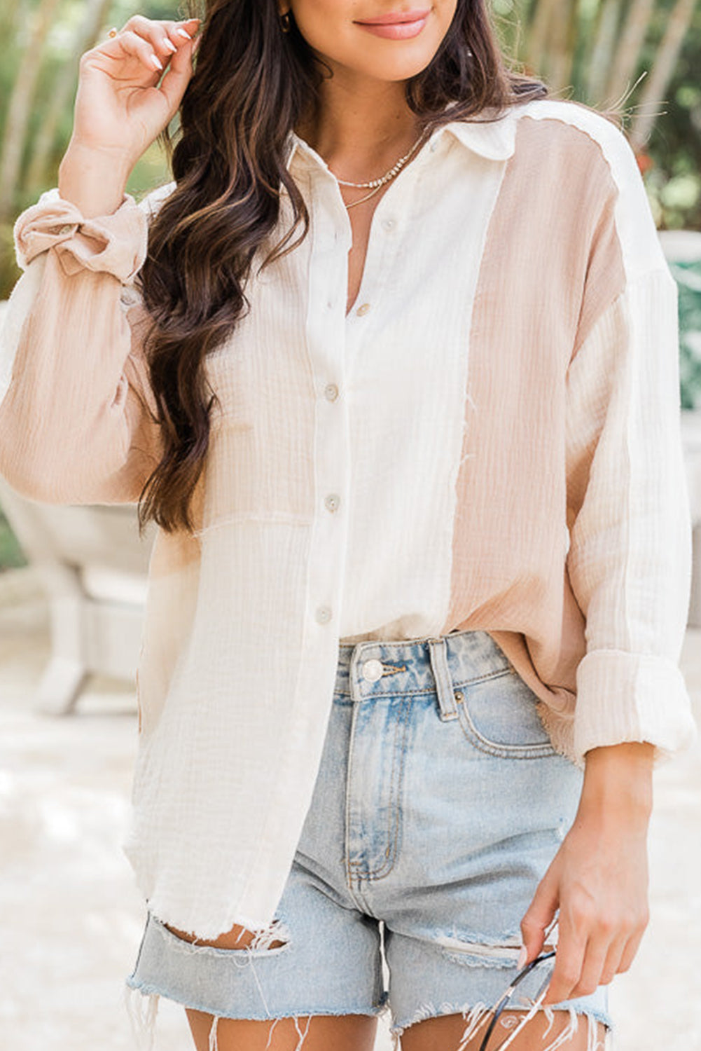 Grapefruit Orange Color Block Buttoned Raw Hem Textured Shirt