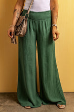 Green Smocked Waist Crinkled Wide Leg Pants