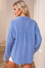 Sky Blue Mineral Wash Crinkle Textured Chest Pockets Shirt