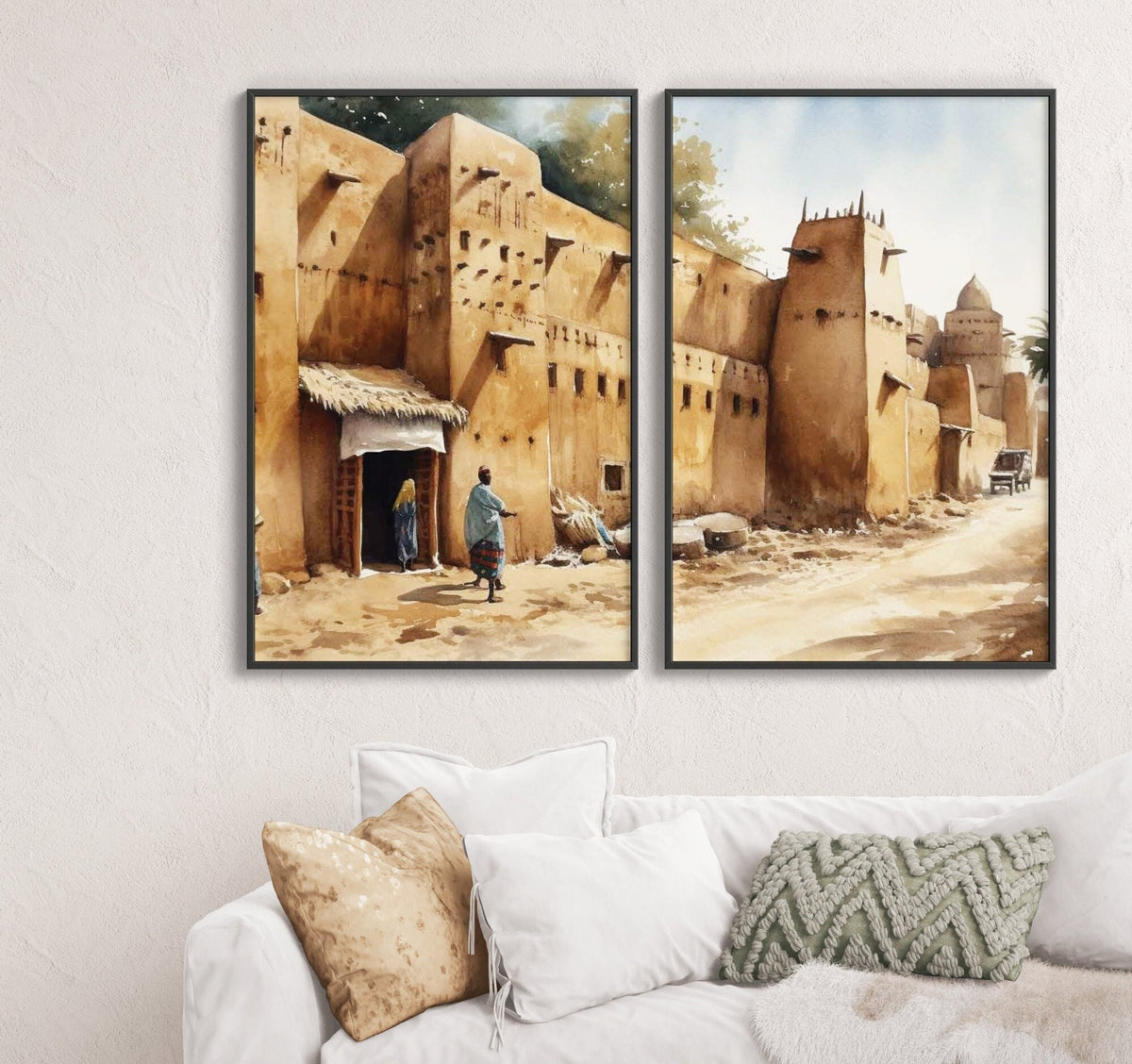 2 pcs Kano City Walls Landscape Wall Art | Nigeria Watercolor Illustration | Historical Vibrant Wall Decor | Modern Frame Art