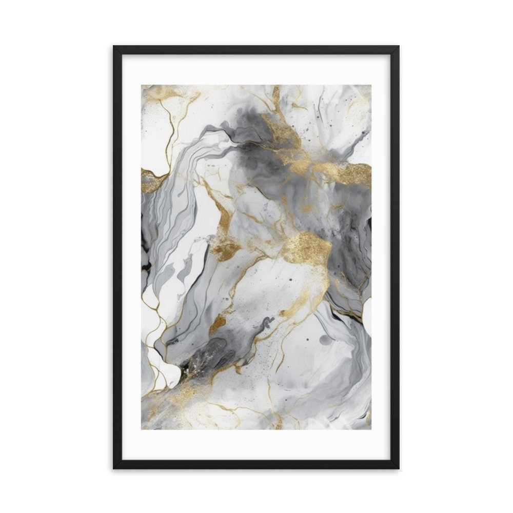 Gray & Gold Marble Abstract Wall Art | Luxury Illustration | Wall Decor | Modern Frame Art