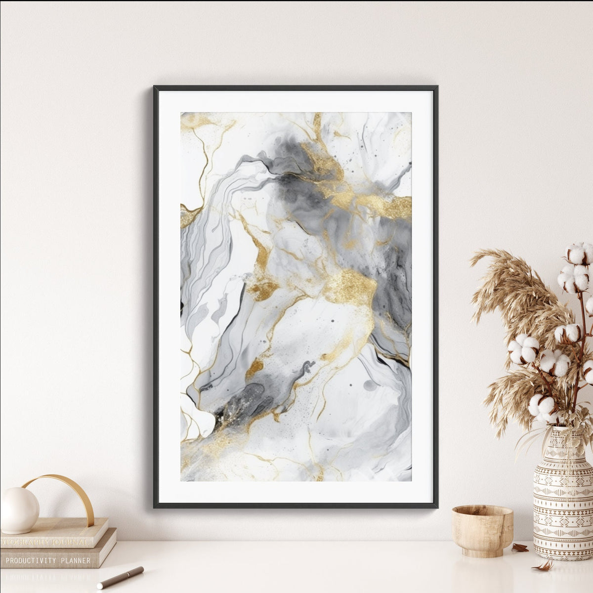 Gray & Gold Marble Abstract Wall Art | Luxury Illustration | Wall Decor | Modern Frame Art