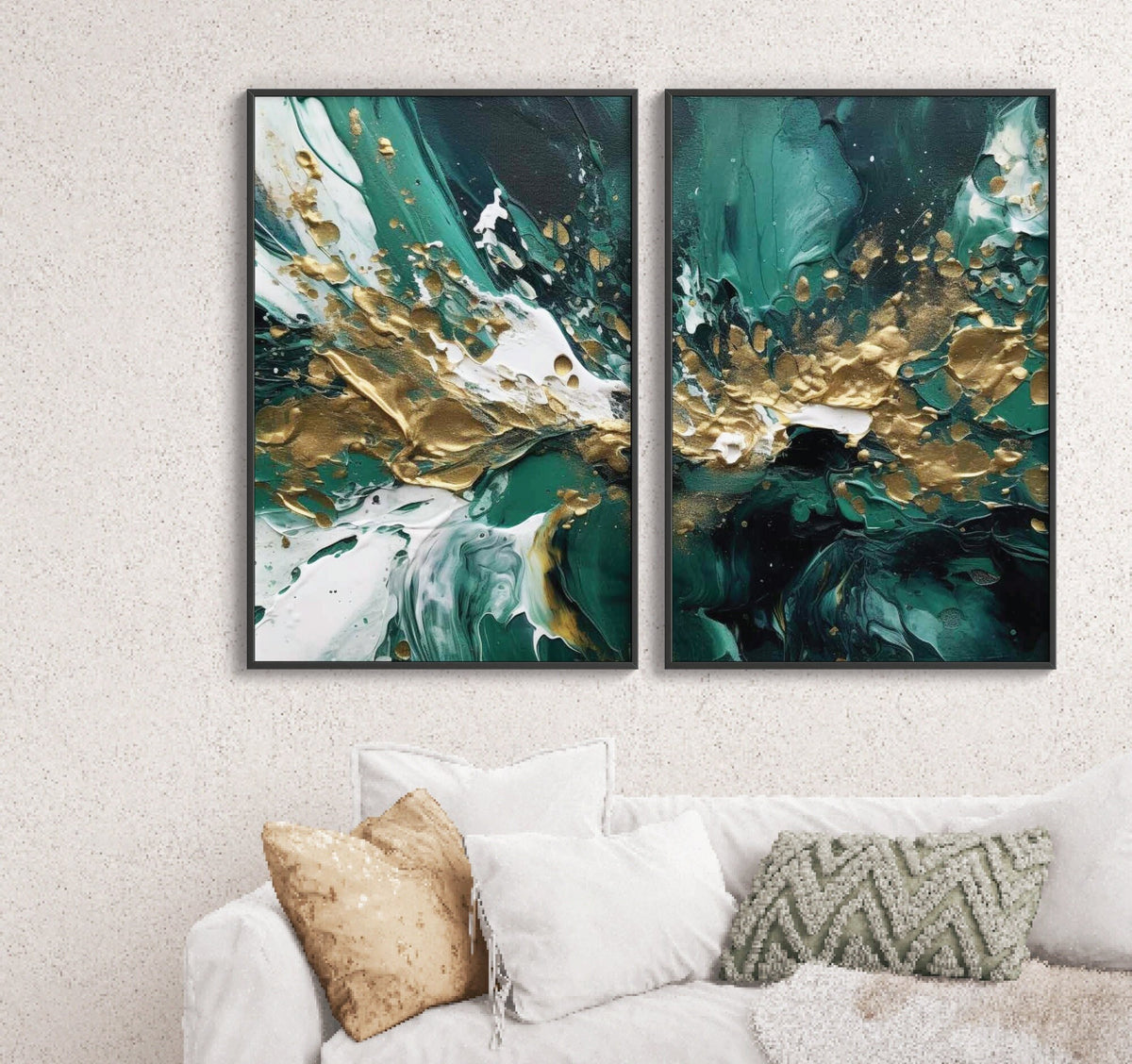 2 pcs Green & Gold Marble Acrylic Painting Wall Art | Paint Illustration | Wall Decor | Modern Frame Art