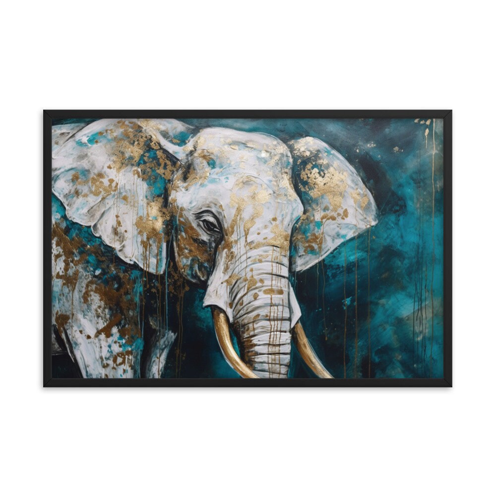 Blue & Gold Elephant Marble Acrylic Painting Wall Art | Animal Illustration | Wall Decor | Modern Frame Art