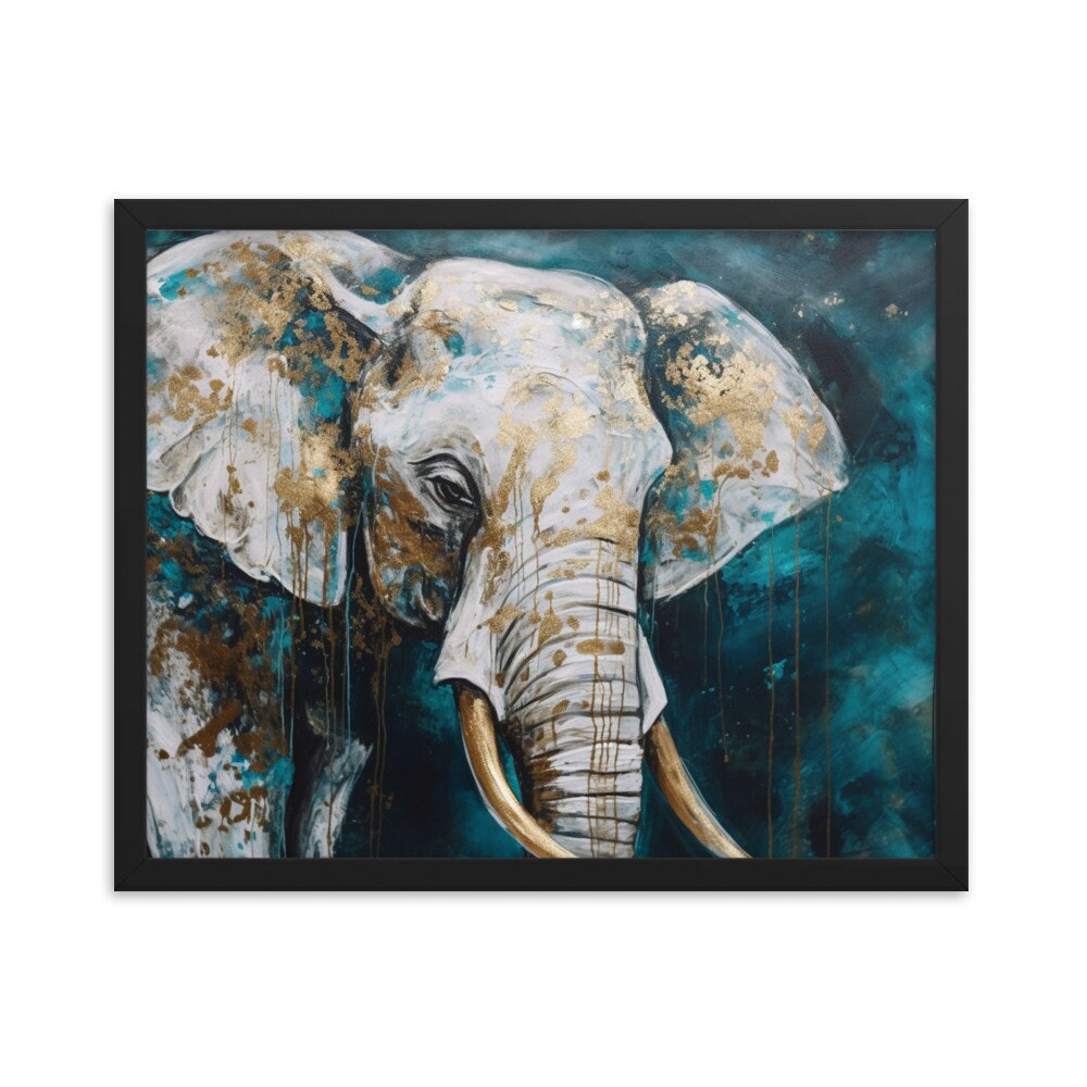 Blue & Gold Elephant Marble Acrylic Painting Wall Art | Animal Illustration | Wall Decor | Modern Frame Art