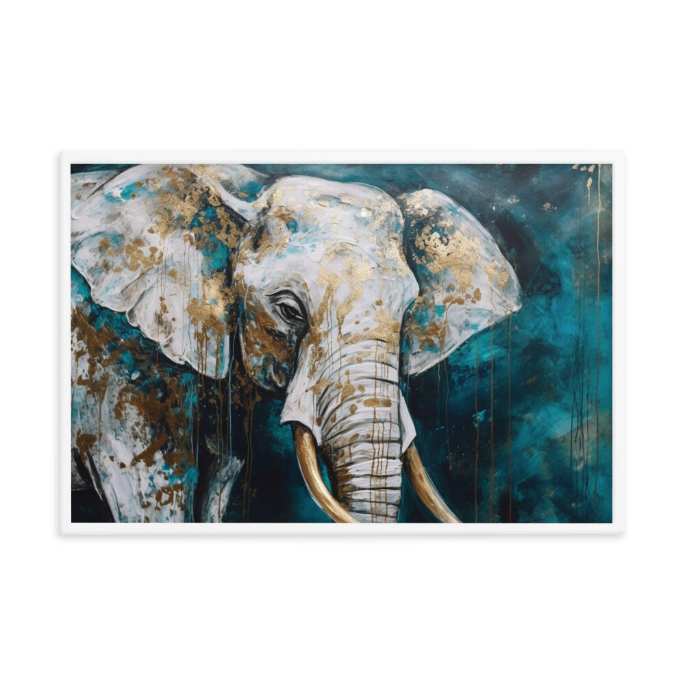 Blue & Gold Elephant Marble Acrylic Painting Wall Art | Animal Illustration | Wall Decor | Modern Frame Art