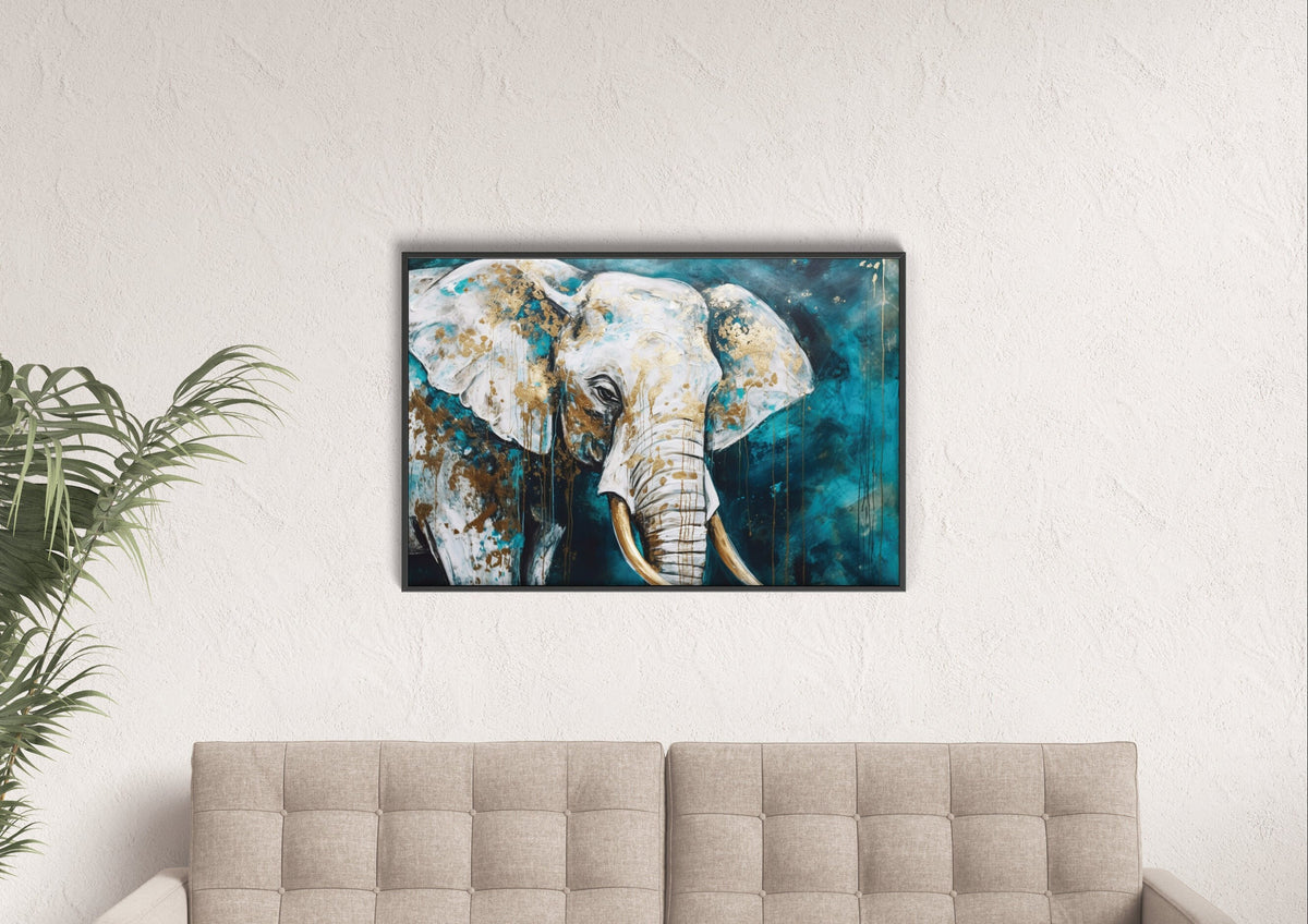 Blue & Gold Elephant Marble Acrylic Painting Wall Art | Animal Illustration | Wall Decor | Modern Frame Art