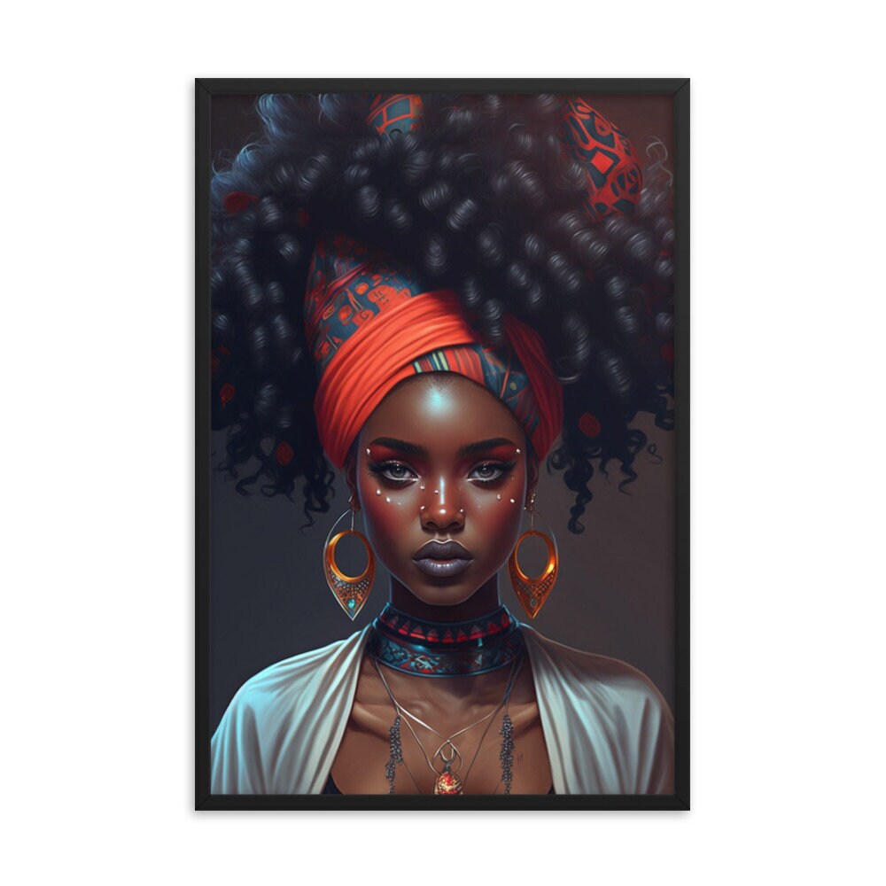 Tribal Black Afro Girl With Hair Updo Wall Art | Teen Illustration | Wall Decor | Modern Frame Art