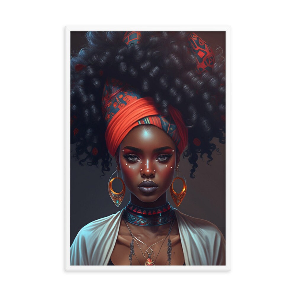 Tribal Black Afro Girl With Hair Updo Wall Art | Teen Illustration | Wall Decor | Modern Frame Art