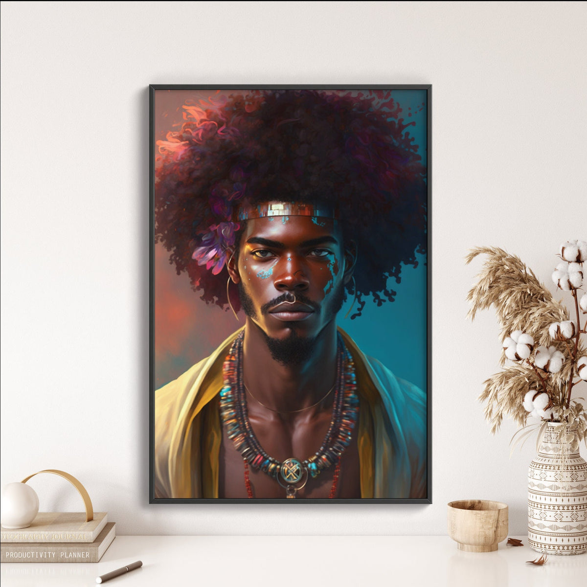 Bohemian Black Man Floral Wall Art | Watercolor Illustration | Vibrant Wall Decor | Modern Frame Art