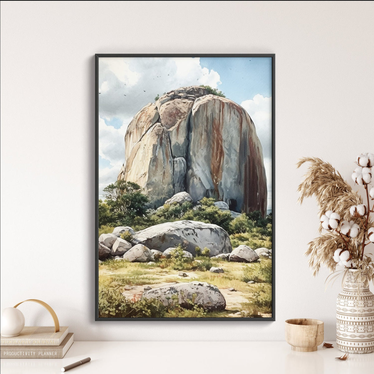 Zuma Rock in Abuja Landscape Wall Art | Nigeria Watercolor Illustration | Historical Vibrant Wall Decor | Modern Frame Art