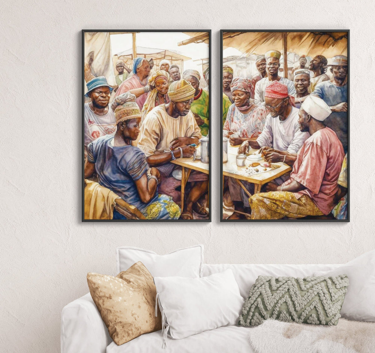 2 pcs Village Elders Gather Nigerian Igbo Wall Art | Watercolor Illustration | African Wall Decor | Modern Frame Art