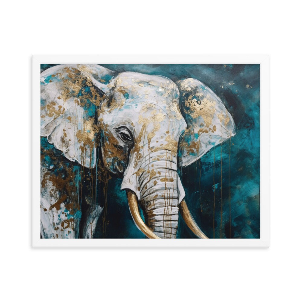 Blue & Gold Elephant Marble Acrylic Painting Wall Art | Animal Illustration | Wall Decor | Modern Frame Art