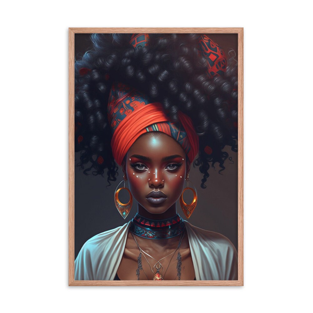 Tribal Black Afro Girl With Hair Updo Wall Art | Teen Illustration | Wall Decor | Modern Frame Art