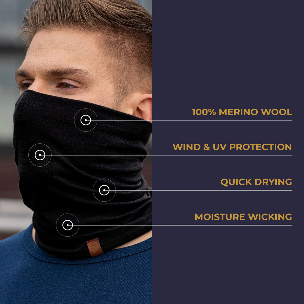 MENIQUE 100% Merino Wool Mens Neck Gaiter / Face Mask Black