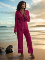 Raspberry Comfort Long Sleeve Kimono Robe Viscose Womens Pajama Set | Hypoallergenic - Allergy Friendly - Naturally Free